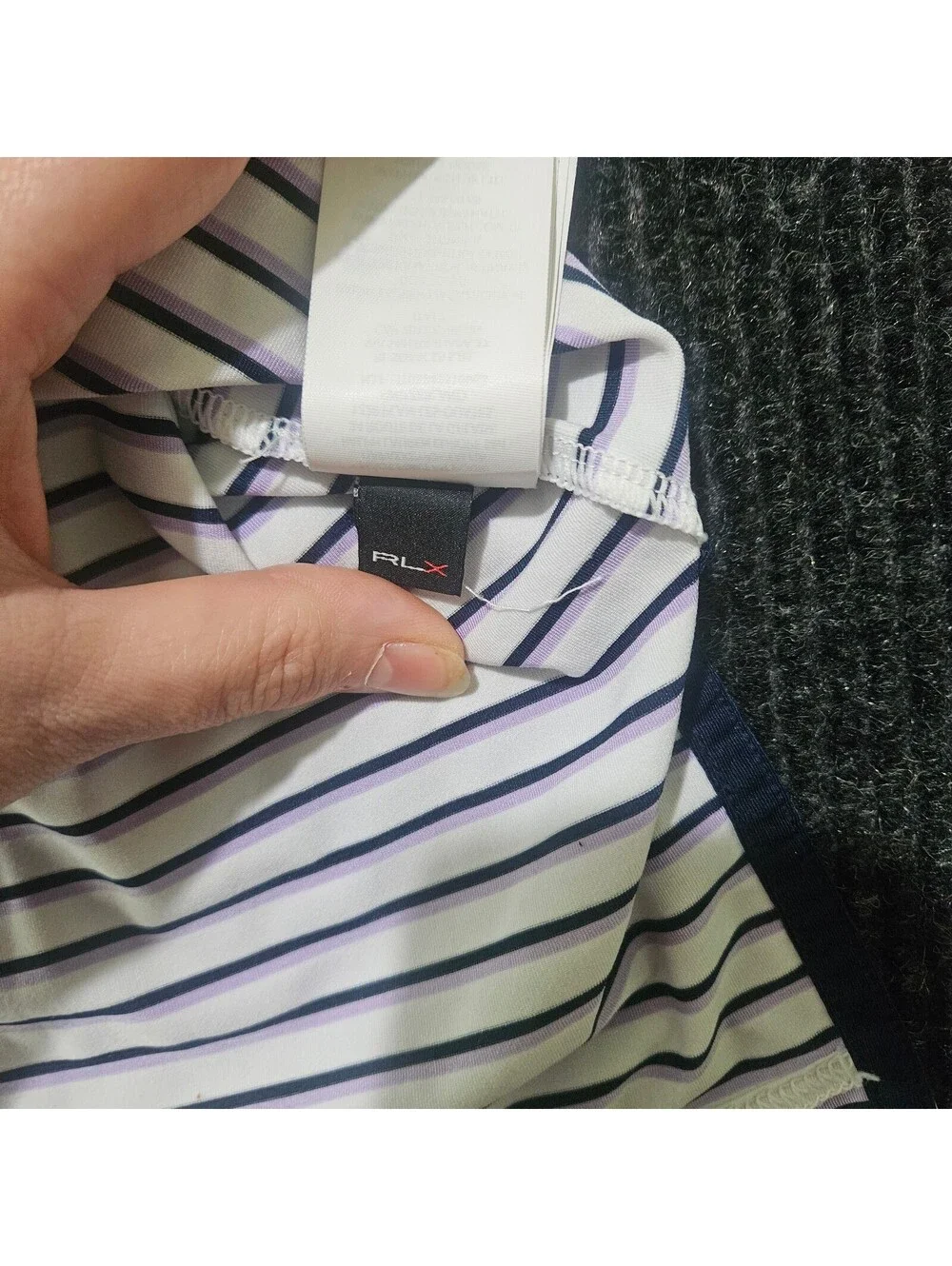 RLX Ralph Lauren Striped Golf Polo Shirt White, Black, and Purple SZ Medium